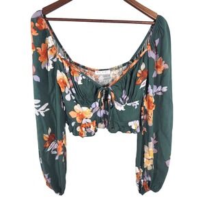 BlueBlush Green Floral Long Balloon Sleeve Crop Top Smocked Back Tie Front S